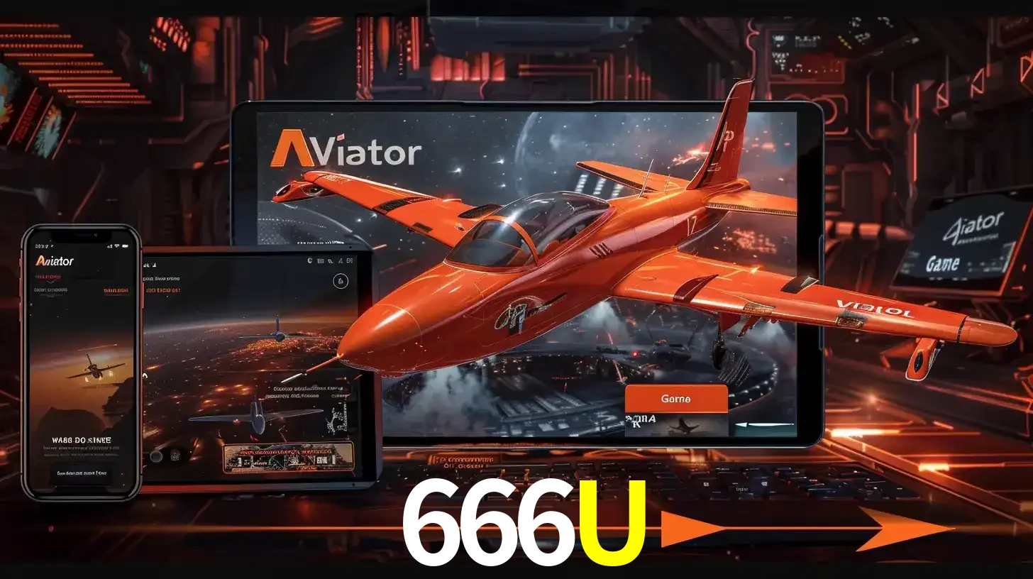 Apresentação tecnológica do jogo Aviator com um avião saindo da tela de um tablet, demonstrando a experiência imersiva em múltiplos dispositivos no 666U.