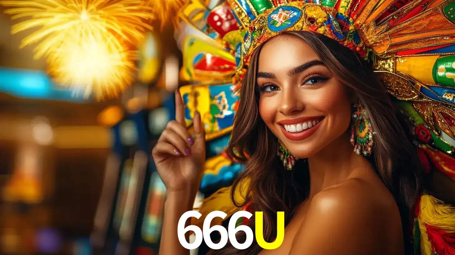 Mulher sorridente com um cocar de carnaval vibrante e colorido, celebrando uma grande vitória nos jogos do cassino 666U com fogos de artifício ao fundo.