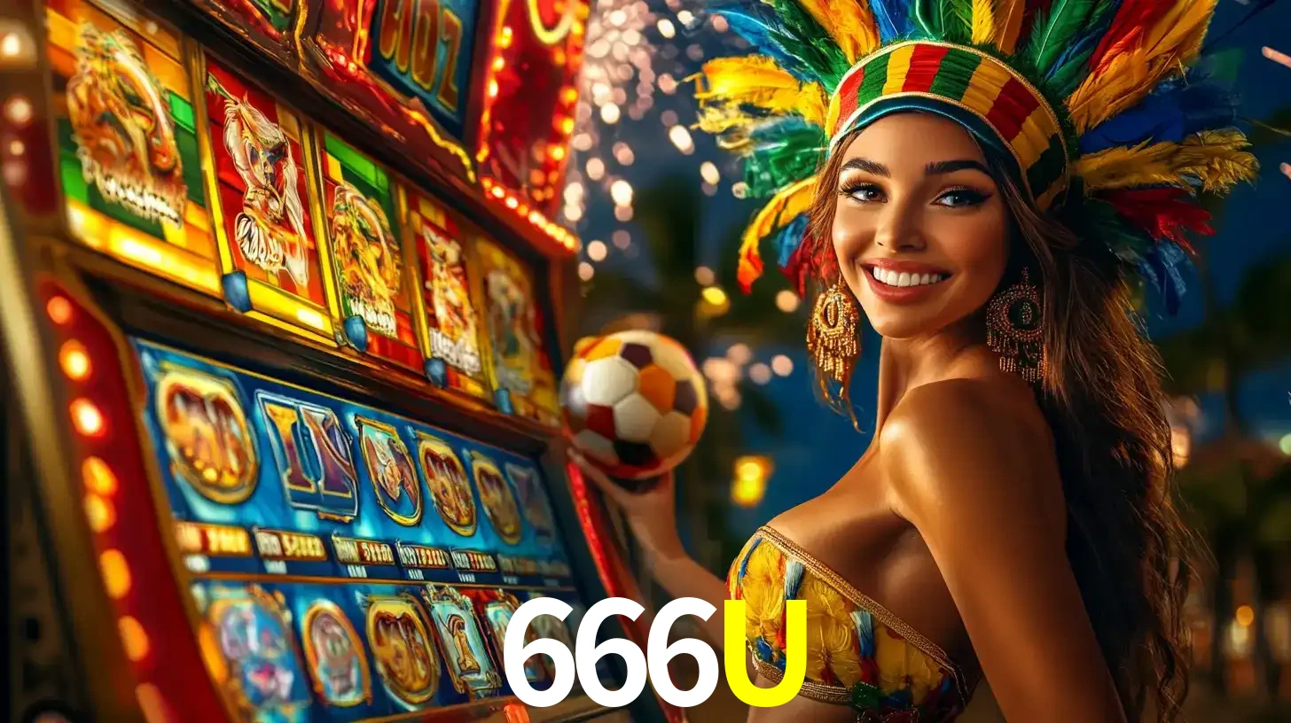 Mulher com um cocar de carnaval ao lado de uma máquina de caça-níqueis enquanto segura uma bola de futebol, mostrando a união da diversão de cassino e esportes no 666U.