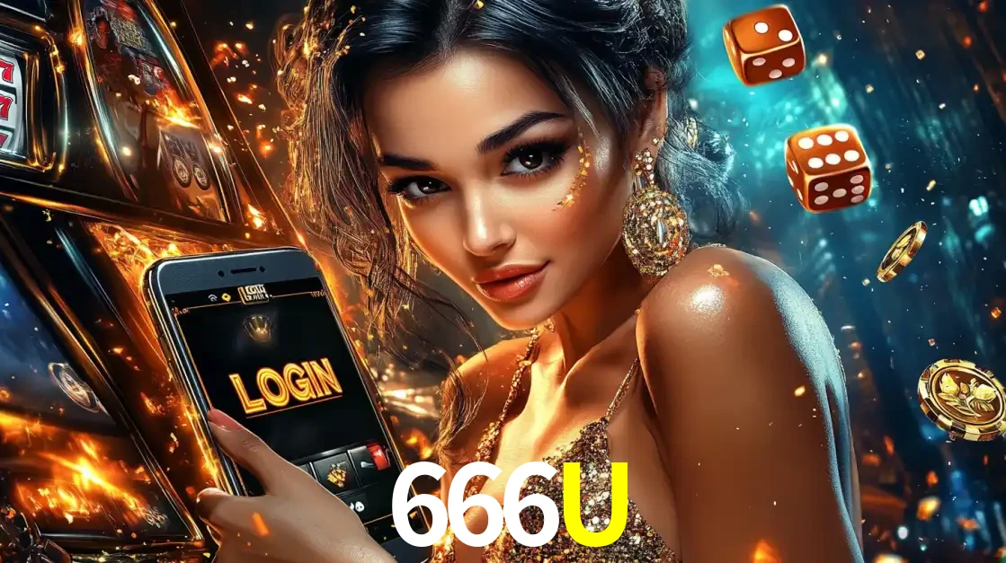 Mulher glamourosa segurando um celular com a tela de login do cassino 666U, rodeada por dados e moedas douradas, pronta para começar a diversão.