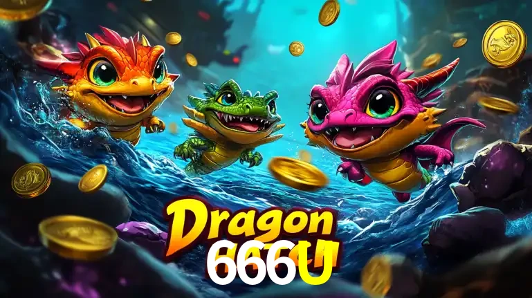 Arte promocional do jogo Dragon Hatch com três adoráveis dragões bebês nadando entre moedas de ouro, um dos slots mais divertidos para jogar no cassino 666U.