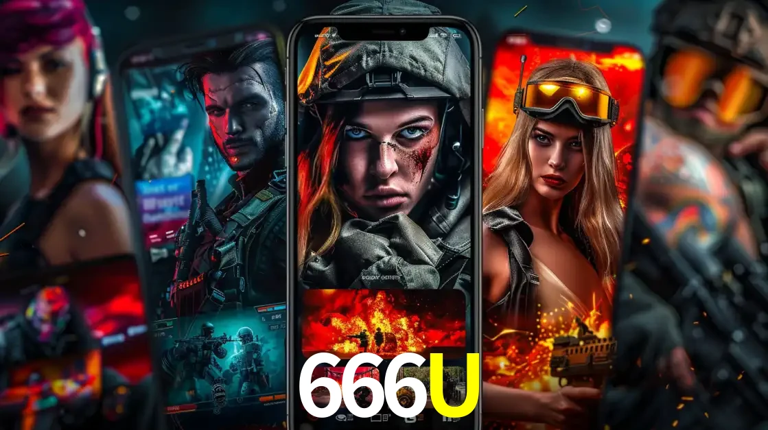 Montagem de telas de celular mostrando diversos personagens, masculinos e femininos, de um jogo de tiro, ilustrando a diversidade de equipes de e-sports para apostar no 666U.