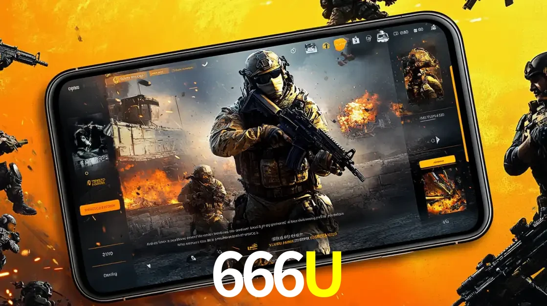 Um smartphone exibindo a interface de um jogo de tiro em primeira pessoa, com um soldado em um cenário de batalha, representando a ação dos e-sports para apostar no 666U.