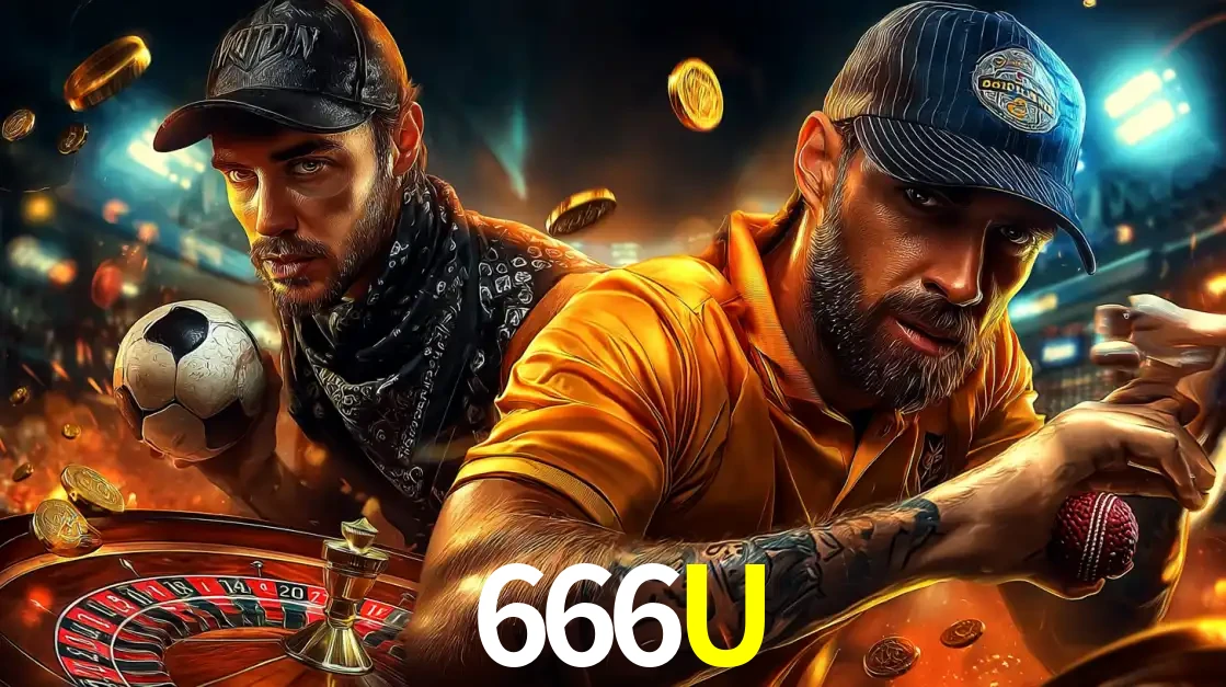 Montagem de apostas esportivas e cassino no 666U, com um homem segurando uma bola de futebol e outro uma de beisebol sobre uma roleta e moedas voadoras.