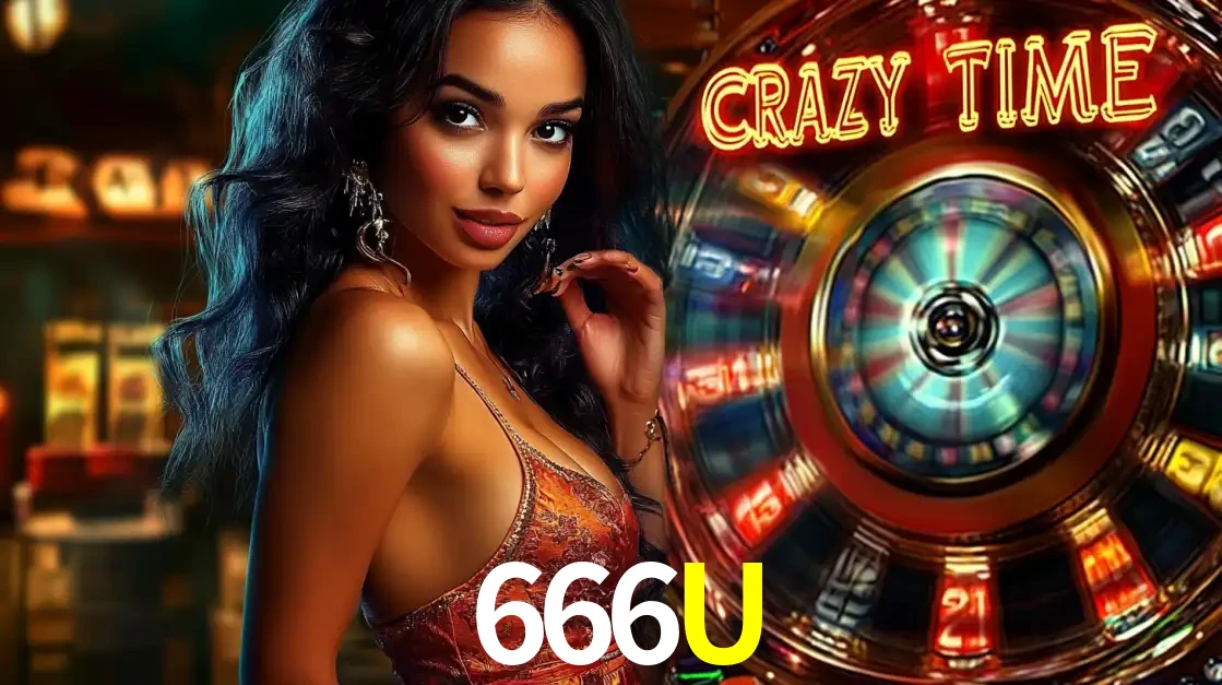 Mulher elegante ao lado da vibrante roda da fortuna do jogo de cassino ao vivo Crazy Time, um dos game shows mais populares e cheios de prêmios do 666U.