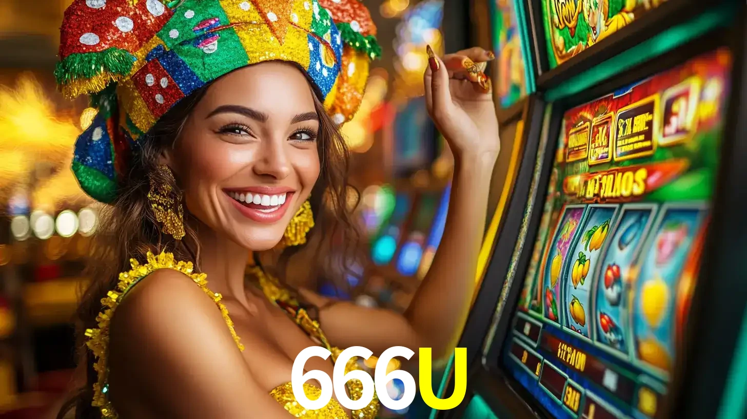 Mulher feliz com traje de carnaval amarelo e colorido ao lado de uma máquina de caça-níqueis, aproveitando a diversão e os jogos temáticos do cassino 666U.