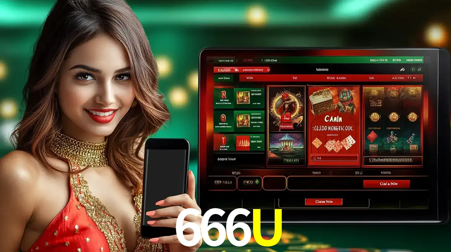 Mulher sorridente segurando um smartphone, ao lado de uma tela exibindo o lobby de jogos do cassino online 666U, com várias opções de jogos de cartas e slots.